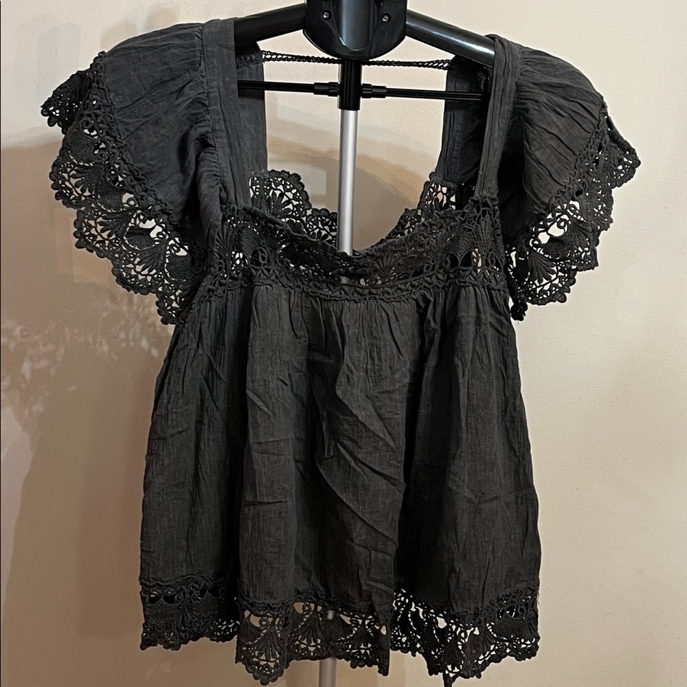 POL Black Crochet-Trim Square Neck Blouse